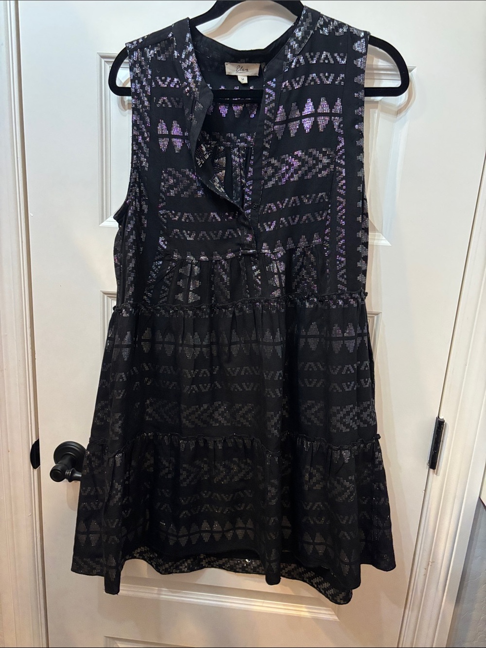 Black Sleeveless Tiered Tunic Dress with Purple Geometric Print